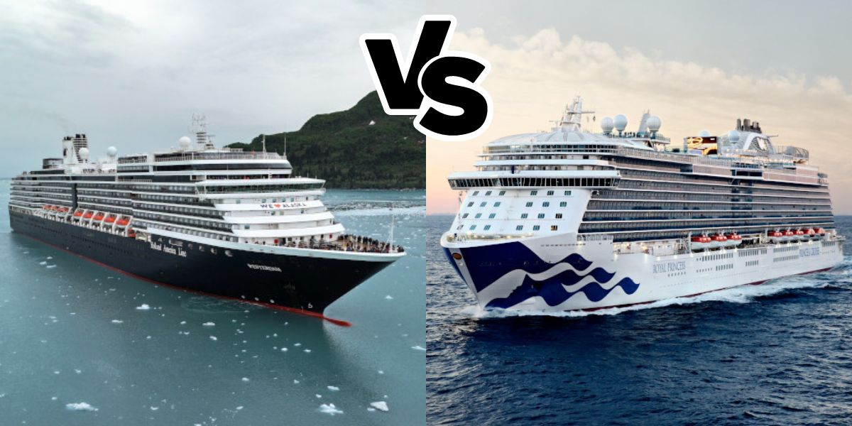 Comparative display featuring Holland America Line's cruise ship on the left with its classic dark hull versus the Royal Princess cruise ship from Princess Cruises on the right with its distinctive blue and white livery, symbolizing the friendly rivalry between the two cruise lines.