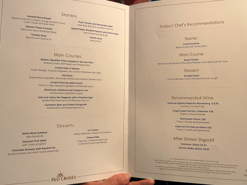 Iona main dining room example menu.