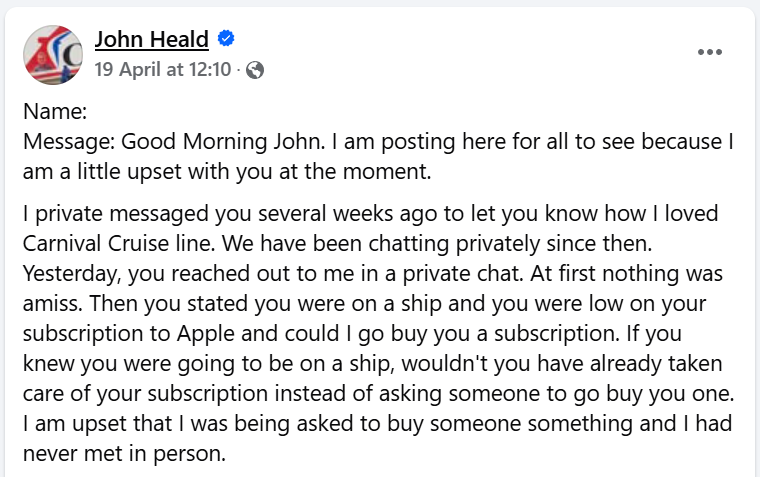 Facebook post from John Heald about scams