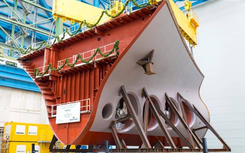 keel laid into place in the dry dock for Keel-laying ceremony