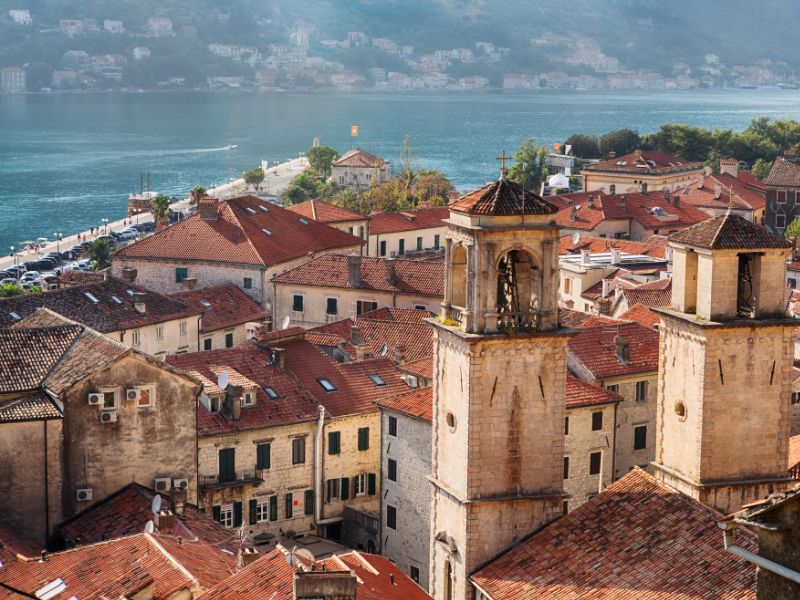 Ancienty houses with the sea at the back at Kotor