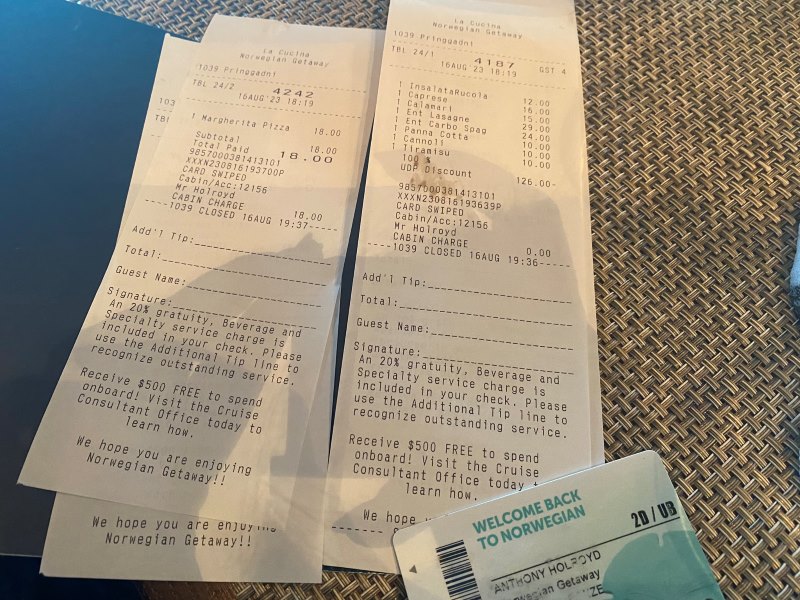 Two receipts from La Cucina on the NCL Getaway show a selection of purchased items, including a Margherita Pizza and various entrees, with an added gratuity note and a promotional message encouraging guests to enjoy the Norwegian Getaway and to spend $500 free onboard.