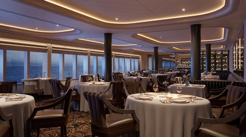 La Dame restaurant on a Silversea cruise ship offers a luxurious dining experience with its elegant brown chairs, white linen-covered tables, sweeping ocean views from panoramic windows, and a sophisticated ambient lighting design.