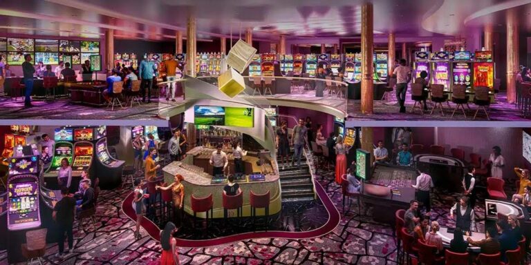 Rendering of Royal Caribbean’s new two-story casino on Legend of the Seas, featuring a central bar, slot machines across two decks, table games, and a sports bar area.