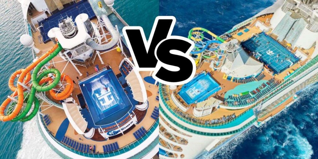 A split-image comparison showing the top decks of two Royal Caribbean ships, Liberty of the Seas and Freedom of the Seas, each boasting thrilling waterslides, pools, and sports courts, inviting guests to choose their preferred type of maritime adventure.