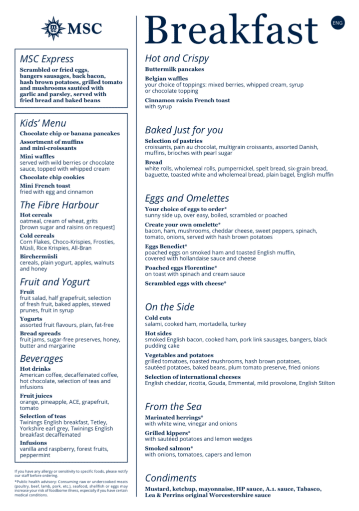 MSC Cruises breakfast menu