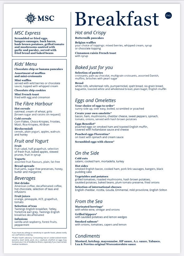 Celebrity Cruises Room Service Menu 2025