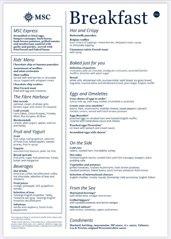 MSC Cruises breakfast menu