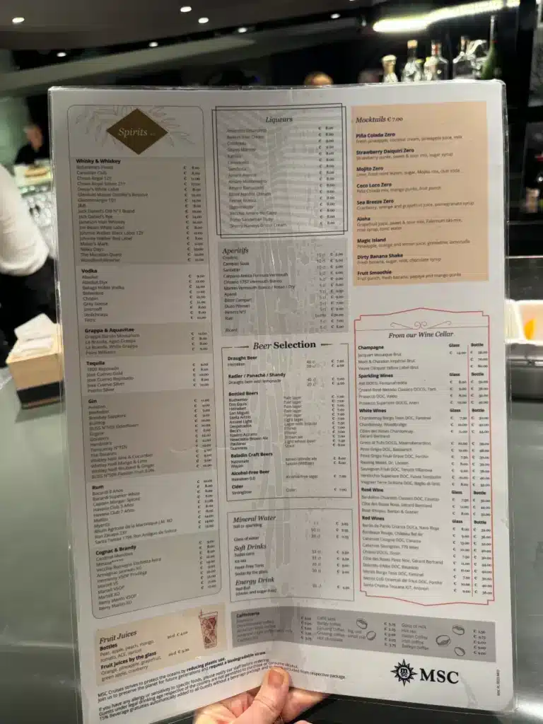 MSC Cruises cocktail bar menu