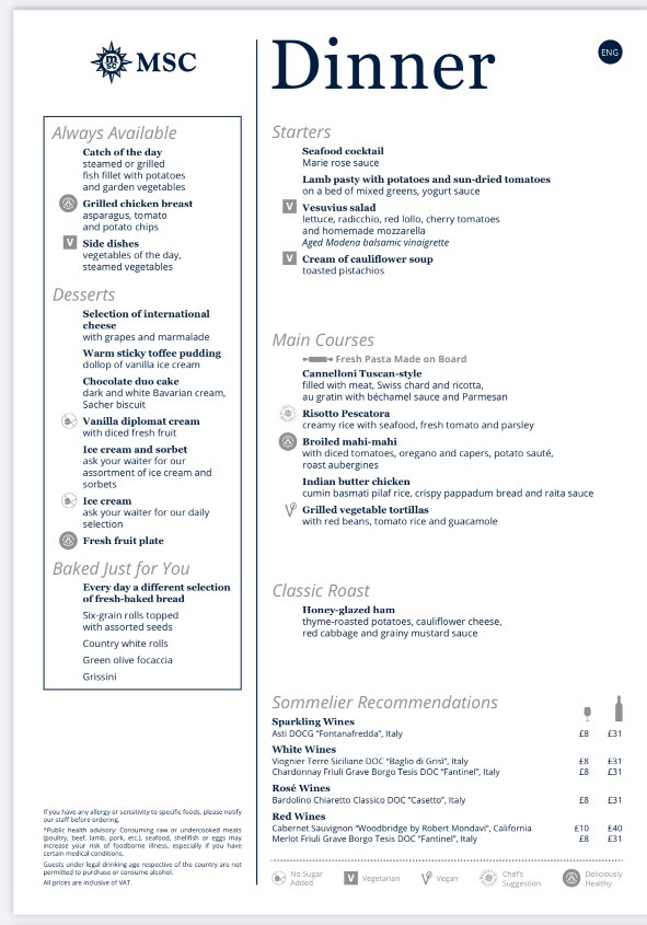 cruise ship menu