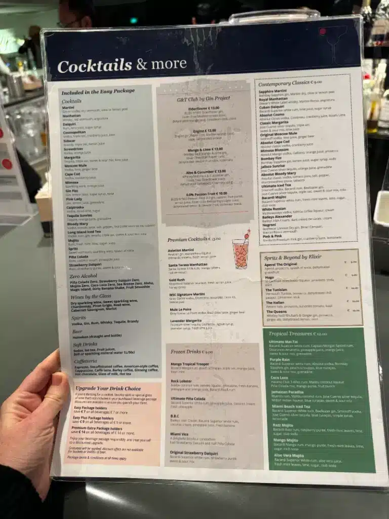 MSC Cruises drinks menu