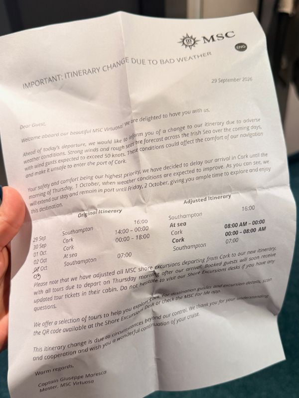 MSC Cruises itinerary change due to bad weather letter