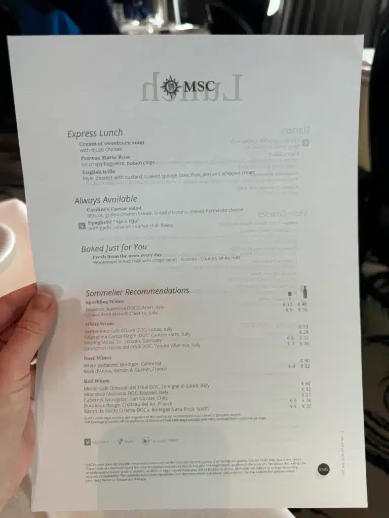 MSC Cruises lunch menu