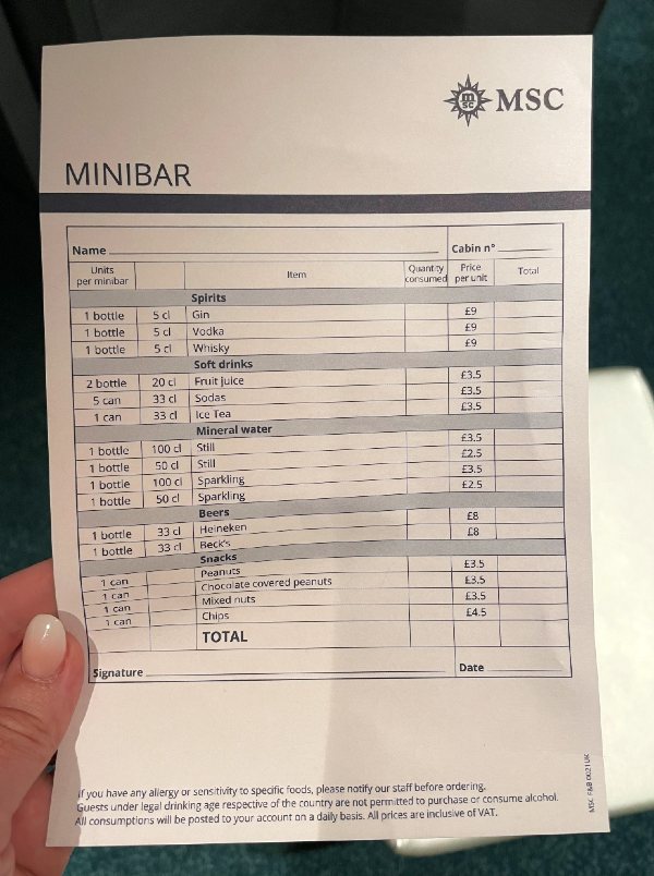 MSC Cruises mini bar price list