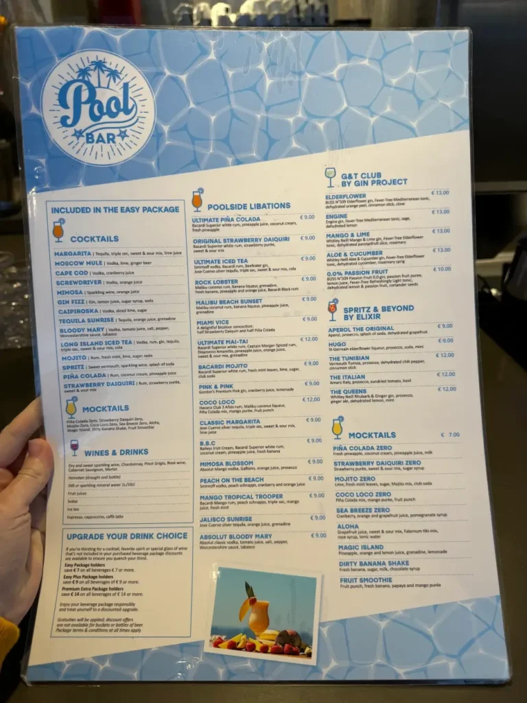 MSC Cruises pool bar menu