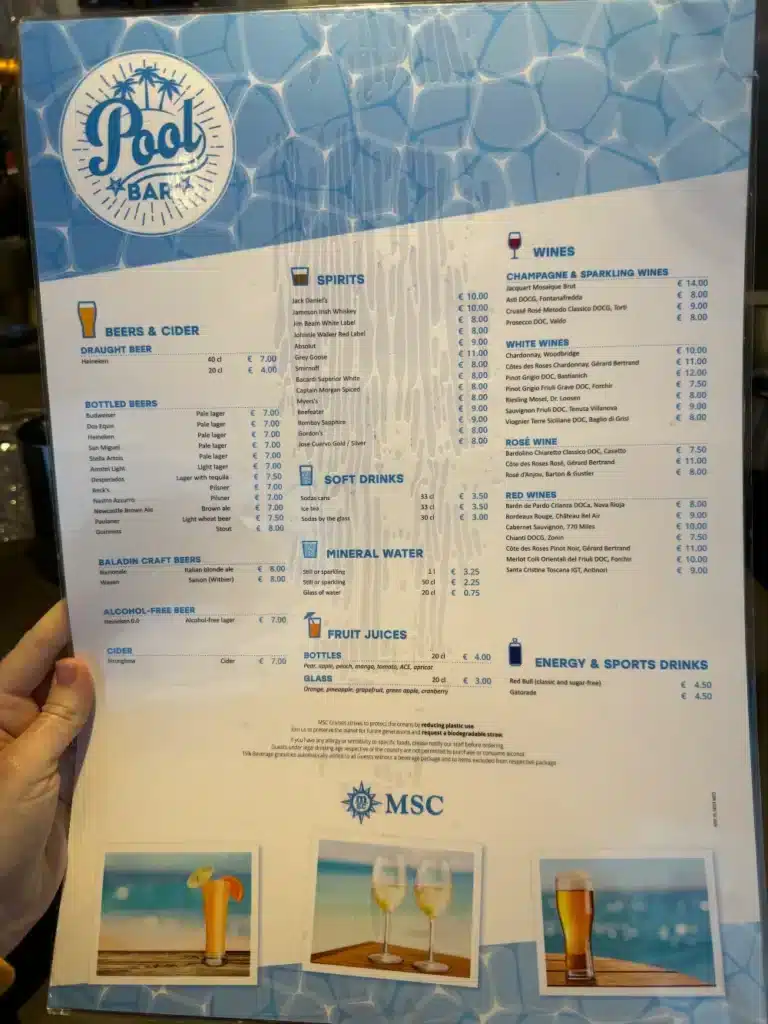 MSC Cruises pool bar menu