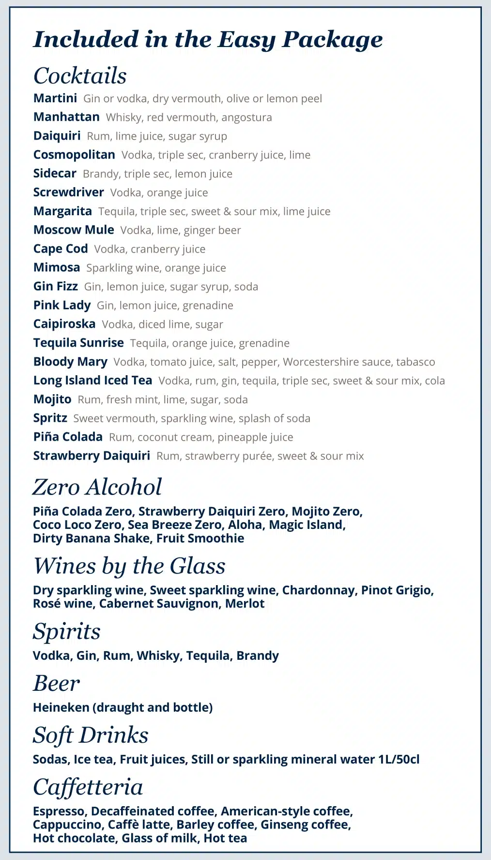 MSC Cruises easy package drinks list