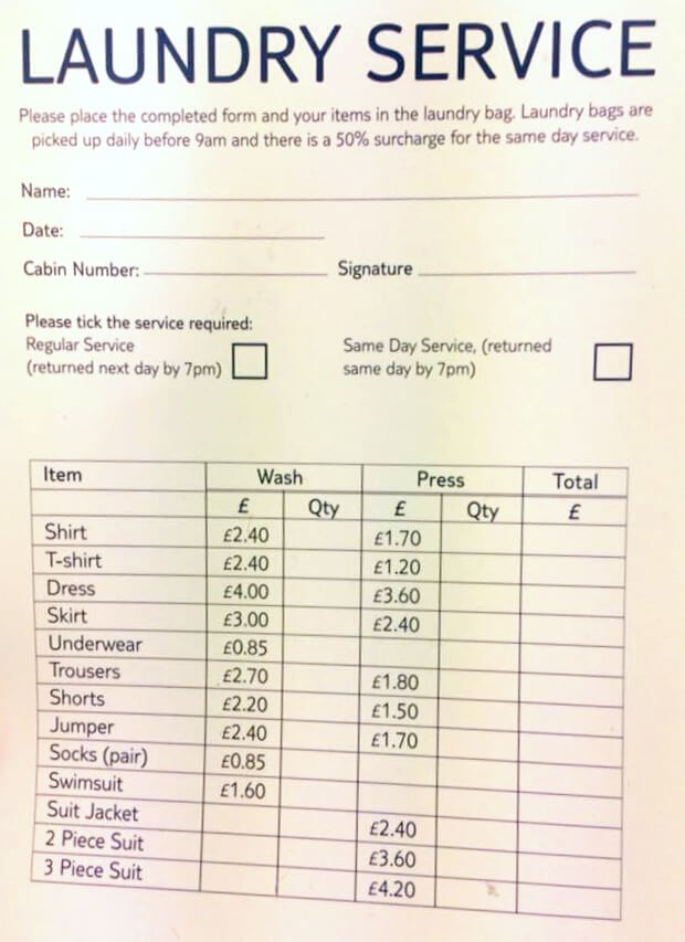 Marella cruise laundry price list