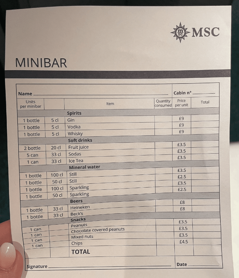 MSC Cruises Minibar price list