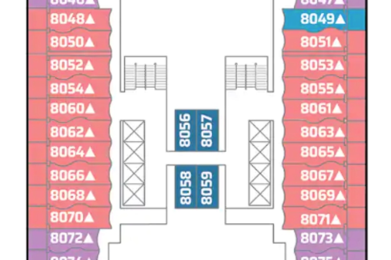 Part of the Norwegian Cruise Line deck plan showing cabin numbers 8048 to 8073, with even numbers on the left, odd numbers on the right, and highlighted public areas such as stairs and elevators in the center.