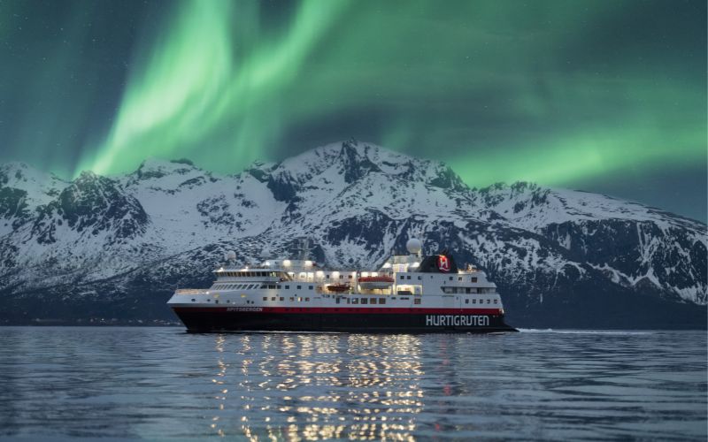MS Spitsbergen sailing in Northern Lights, Norway