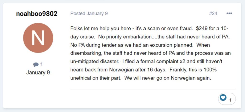 "No priority embarkation…the staff had never heard of PA."