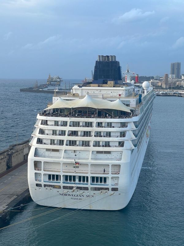 The Norwegian Sun cruise ship docked at a port, showcasing its multi-deck structure with a distinctive black funnel and the name 'Norwegian Sun' visible on the stern, set against a city skyline and cloudy sky.