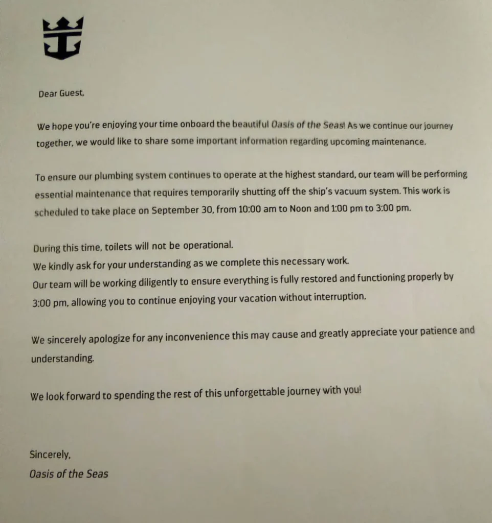 Oasis of the Seas plumbing letter