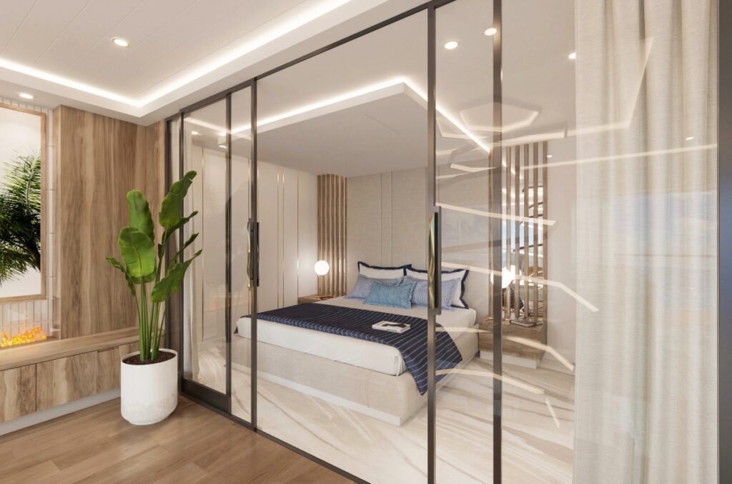 Bedroom in luxury apartment on MV Narrative