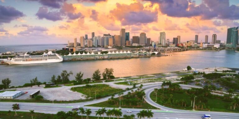 Aerial view of Watson Island and overlooking Port of Miami and Downtown during sunrise, Florida, USA