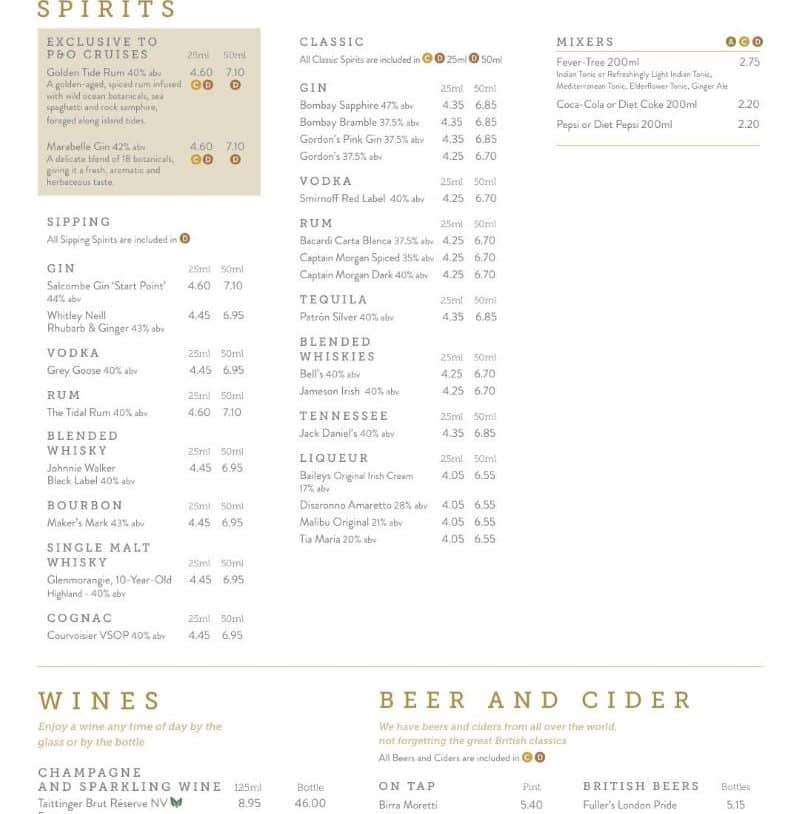 P&O Cruises bar and lounge menu for spirits