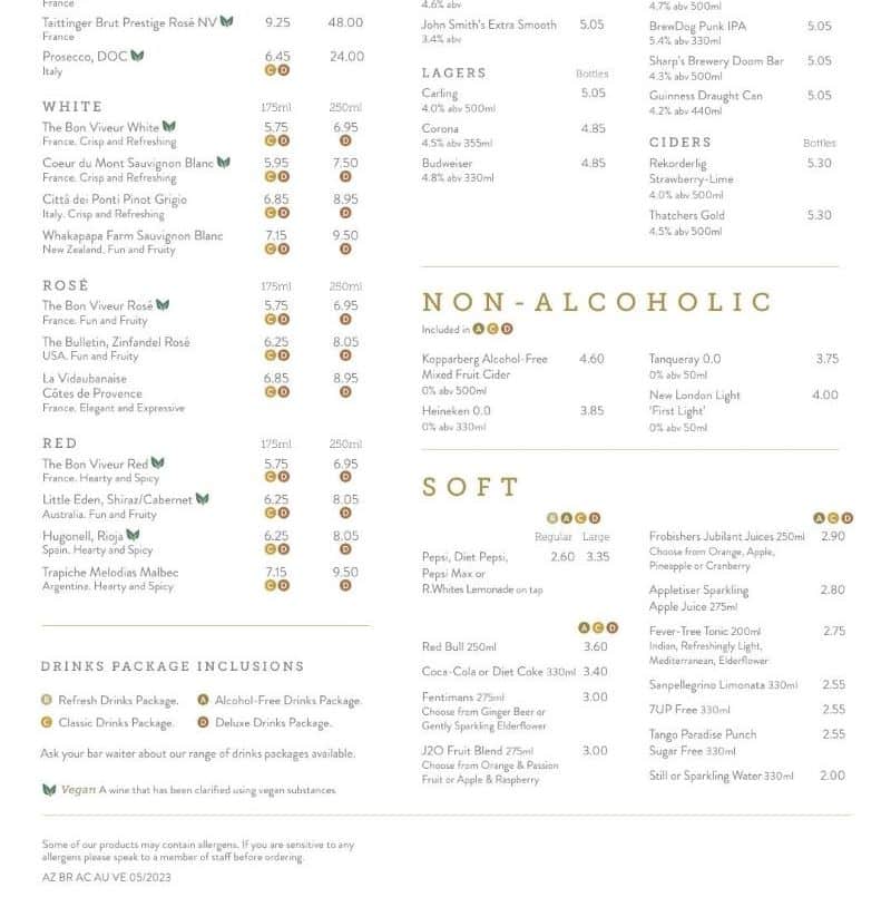 P&O Cruises bar and lounge menu for cwine and soft drinks
