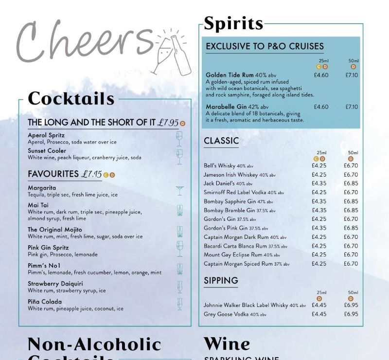 P&O Cruises Cheers cocktail lounge menu