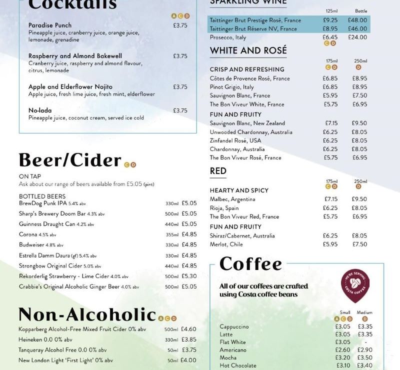 P&O Cruises Cheers cocktail lounge menu