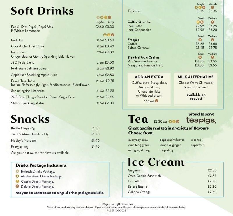P&O Cruises Cheers cocktail lounge menu