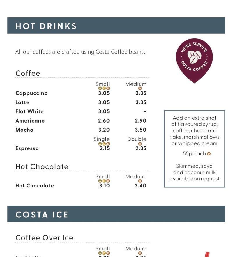 P&O Cruises Costa Coffee menu