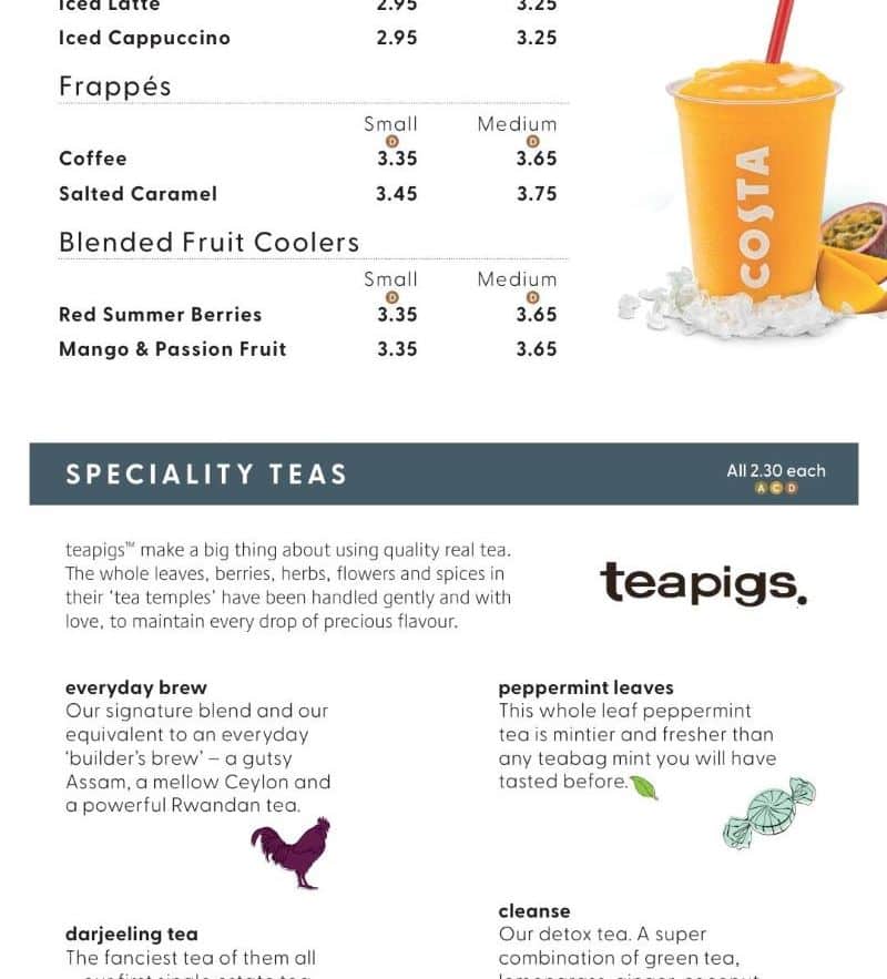 P&O Cruises Costa Coffee menu