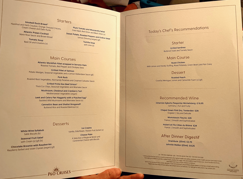 p&o cruises vegan menu