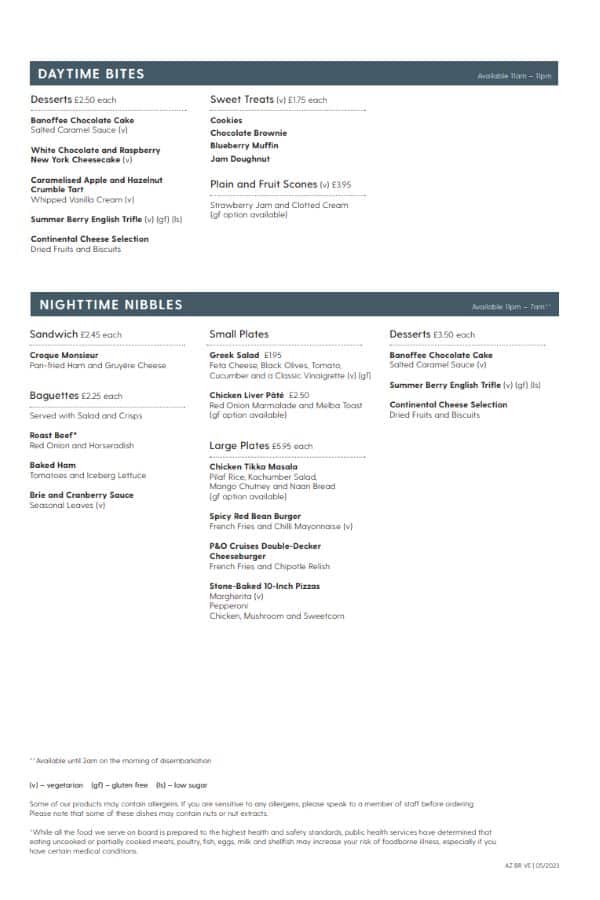 P&O Cruises room service menu page 1