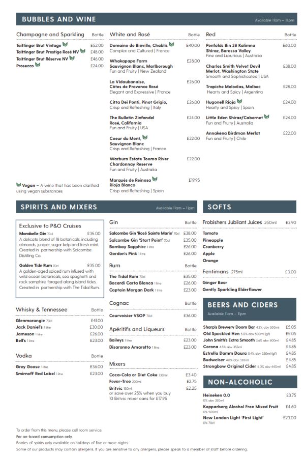 P&O Cruises room service menu page 3