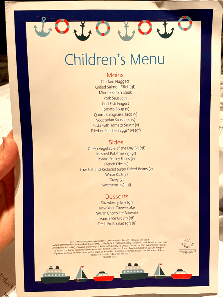P&O Cruises kinds' menu from 2022