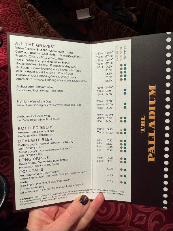 Palladium theatre drinks menu