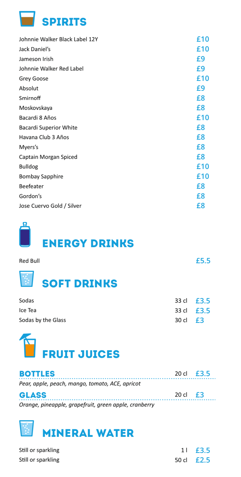 MSC Cruises Pool Bar spirits and soft drinks menu