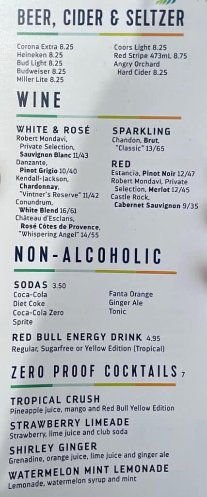 Royal Caribbean Pool Bar Menu