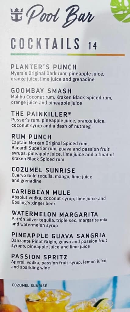 Royal Caribbean Pool Bar Menu