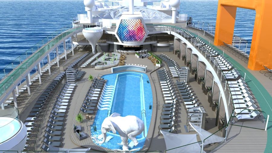 The bustling pool deck of a Celebrity cruise ship, complete with rows of sun loungers, a large swimming pool, and a striking white polar bear sculpture, all under the open sky with the ocean extending to the horizon.