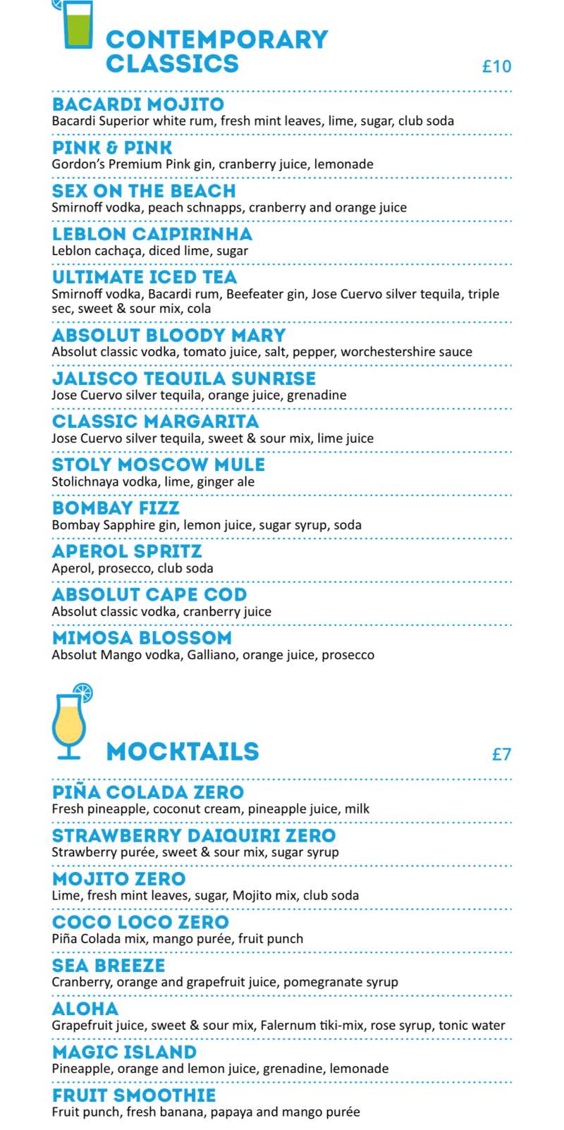 MSC Cruises Pool Bar mocktail menu