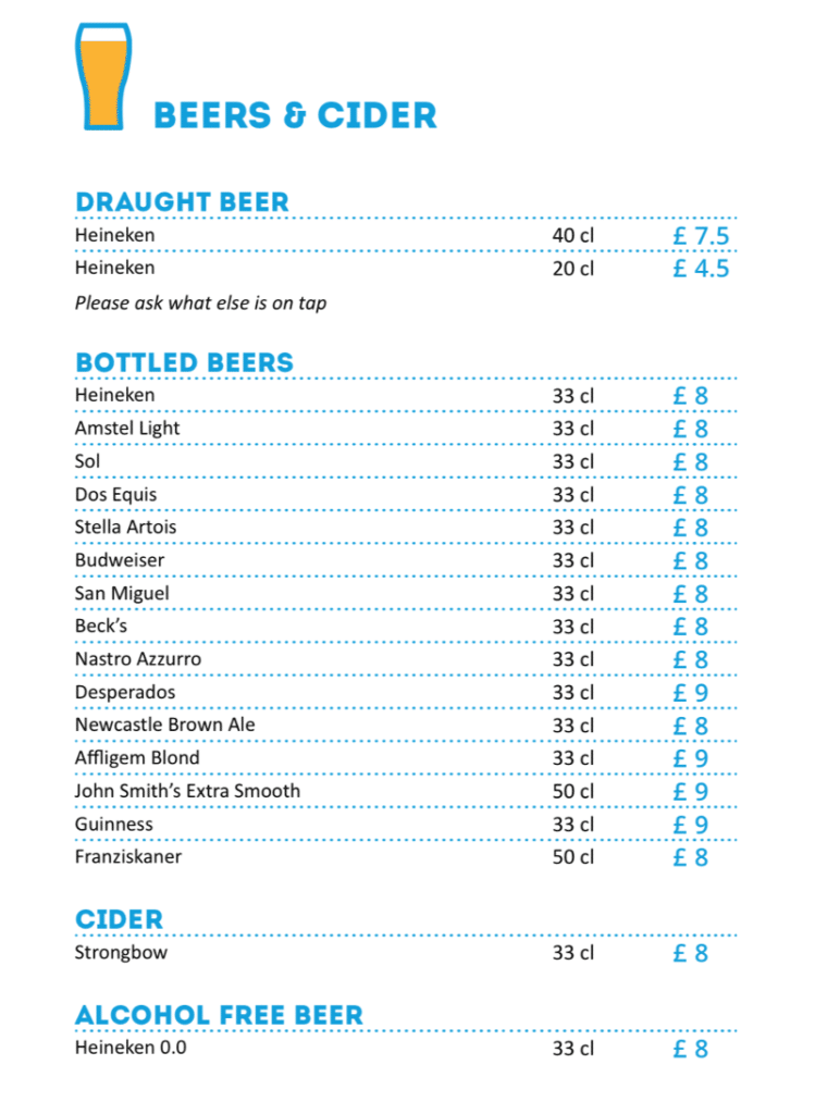 MSC Cruises Pool Bar beer and cider menu