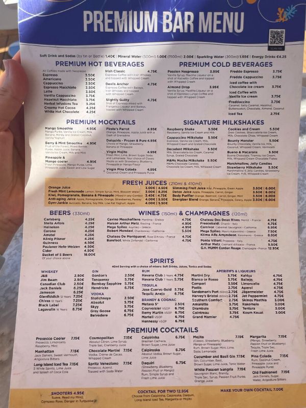 Celestyal Olympia's premium bar menu