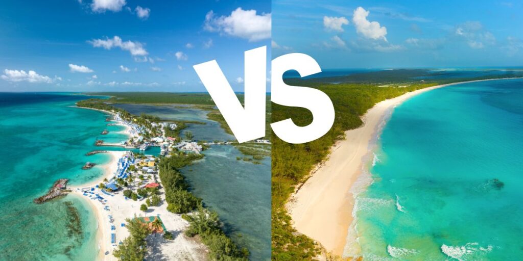 A split image comparing Princess Cays and Half Moon Cay, showcasing the differences between the two tropical destinations. On the left, Princess Cays is depicted with its vibrant resort layout against the backdrop of lush greenery and turquoise waters, while the right side features the pristine, untouched white sandy beaches and clear blue waters of Half Moon Cay.